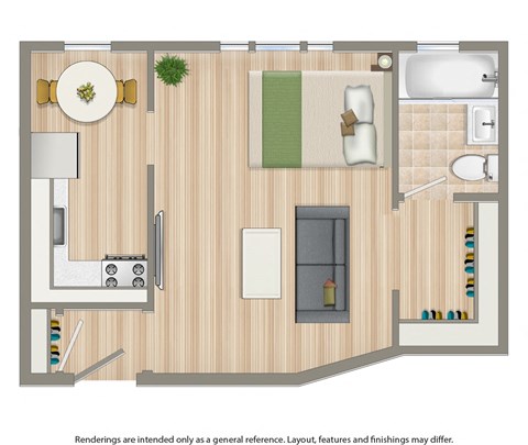 A floor plan of a room with a kitchen, living room, and bathroom.